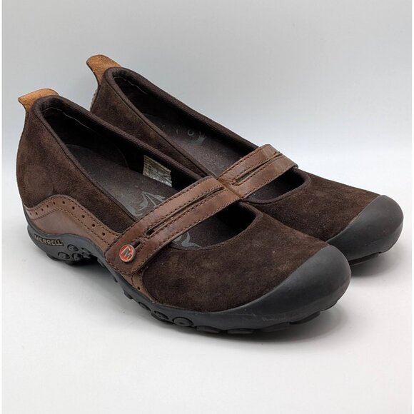 Merrell Plaza Bandeau Espresso Womens 6.5M Suede Leather Mary Jane Wedges Shoes - Picture 1 of 7